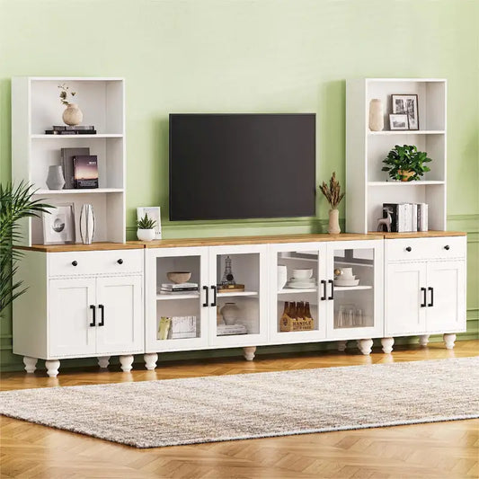 TV Stand with Gourd-Shaped Legs for TVs Up to 70,Entertainment Center with Bookshelves & Glass Doors,Adjustable Shelves
