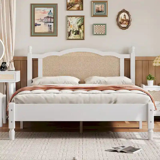Queen Wood Platform Bed with Rattan Headboard & Arc Base