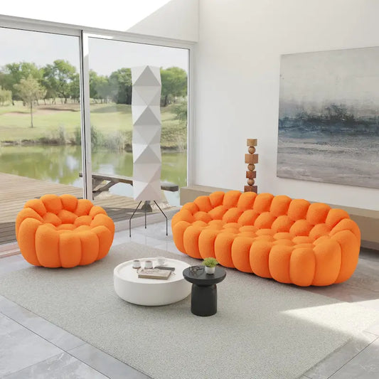 2PCS 3D Honeycomb Fabric Upholstered Bubble Sofa, 3 Seater Bubble Couch and Single Sofa for Living Room