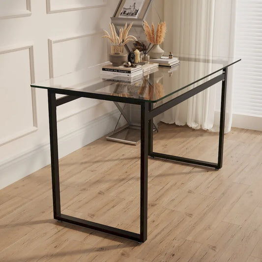 Modern Minimalist Rectangular Glass Dining Table for 4-6 with 0.31 Tempered Glass Tabletop and Black Chrome Metal Legs