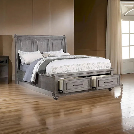 Demi King Size Bed, Sleigh Headboard, 2 Storage Drawers, Oak Gray Wood