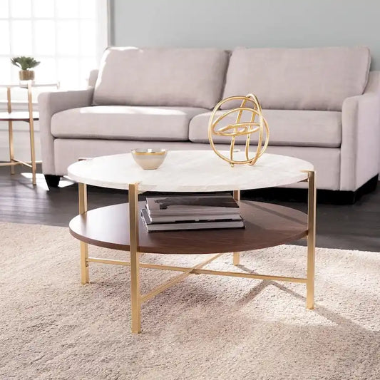 SEI Furniture Aldea Round Faux Marble Coffee Table with Shelf
