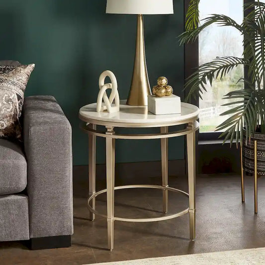 Egan Champagne Silver Finish Round Marble Top End Table by iNSPIRE Q Modern