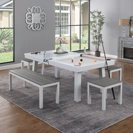 Norwalk Indoor/Outdoor 7ft Slate Pool Table 6-Seater Dining Set with 4 Benches & Accessories, White Finish