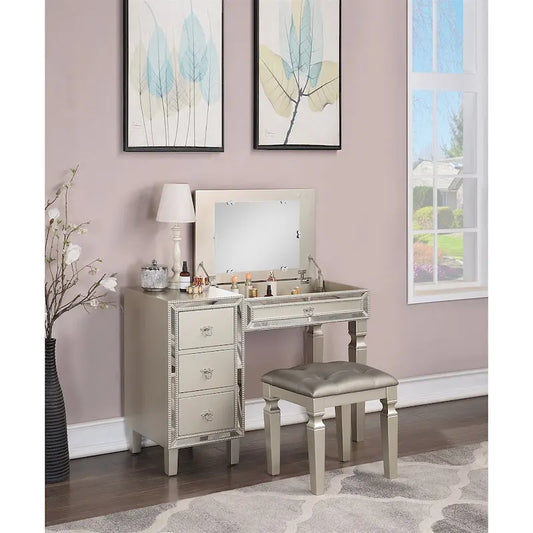 Fabric and Wood Vanity Set with Stool