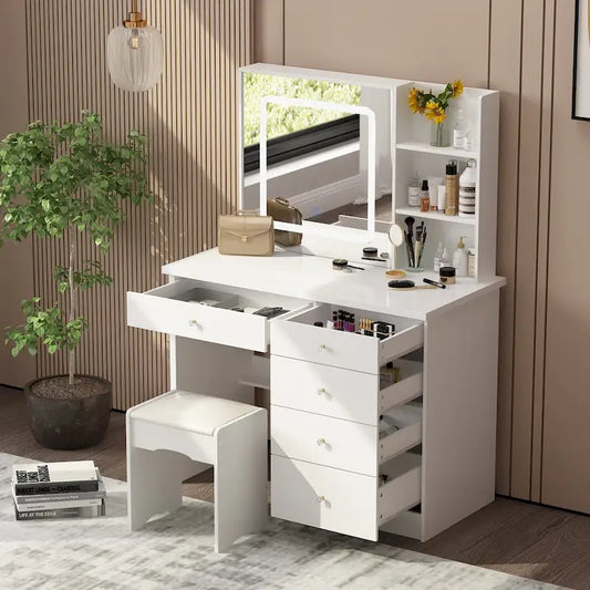 39.4Wide Makeup Vanity Set with Stool and 3 Color Touching Mirror - 39.4W