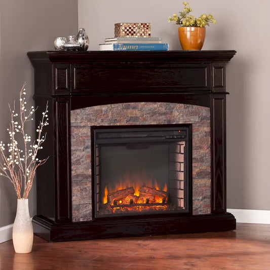 SEI Furniture Ebony Convertible Corner Electric Media Fireplace with Faux Stone Mantel