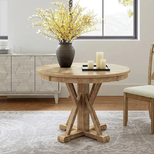 Felicia Farmhouse Natural Solid Wood Round Cross-buck Base Dining Table for 4 by HULALA HOME