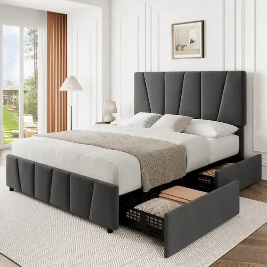 Transitional Upholstered Platform Bed Frame with Adjustable Headboard and 4 Storage Drawers
