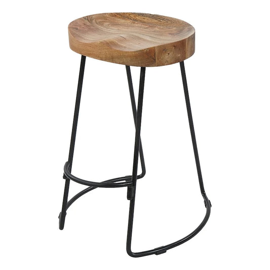 30 Inch Handcrafted Backless Counter Height Barstool, Natural Brown Mango Wood Saddle Seat, Black Iron Base