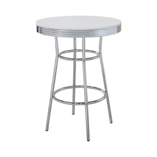 42 Inch Round Bar Table, Ribbed Apron, Glossy White Lacquer, Retro Style