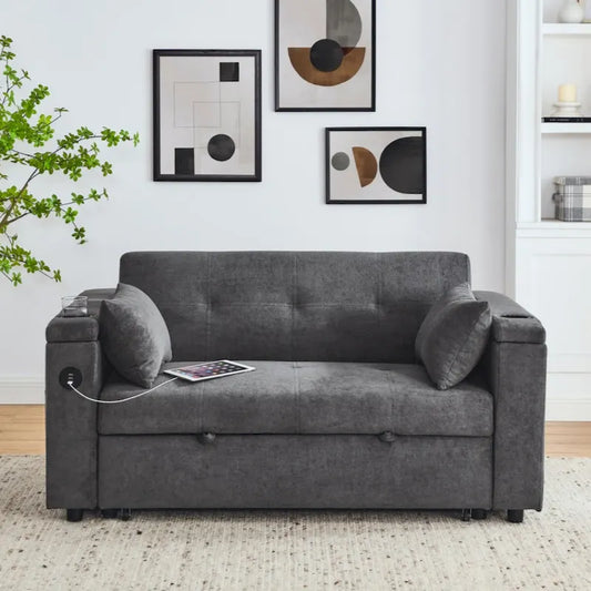 54 Pull-Out Sleeper Sofa Bed Double Seat Recliner Sofa Bed with Armrests with Storage and Side Pockets,with USB Power Outlet