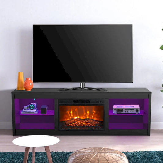 66 Modern Black Electric Fireplace TV Stands Console for 75-inch TV with Remote - 66 in console width