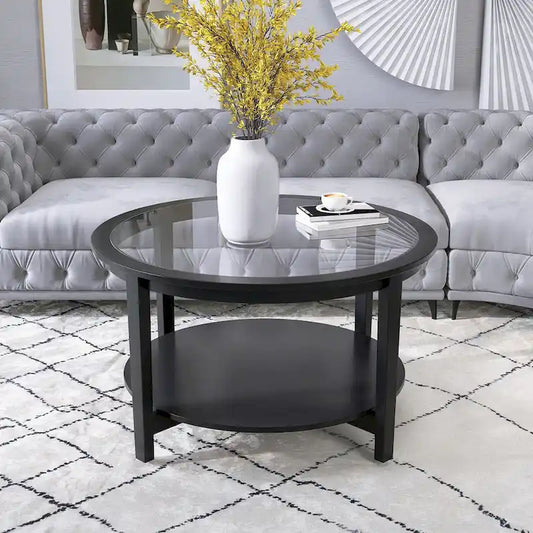36 in. Modern Black Round Solid Wood Glass Top Storage Coffee Table for Office Living Room - 36 in. W X 36 in. L X 20 in. H