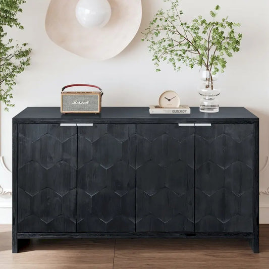 60-in Farmhouse Antique Black 4 Wooden Door Sideboard Buffet Server Accent Storage Cabinet