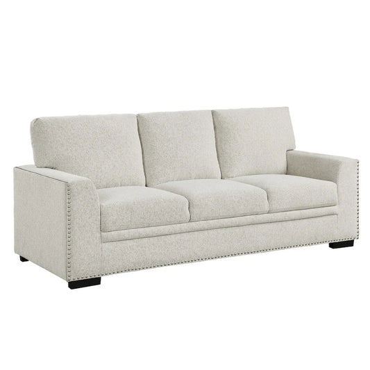 Meil 84 Inch Sofa, Beige Chenille, Nailhead Trim, Foam Cushions, Solid Wood