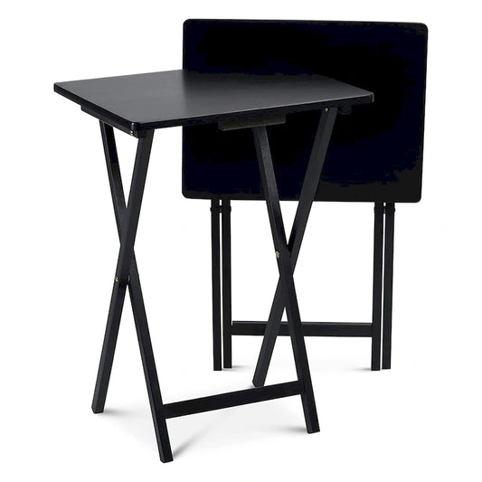 PJ Wood Folding TV Tray Tables with Compact Storage Rack, Black, 2 Piece Set - 18.44