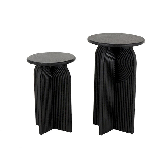 Wood Geometric Sandstone Carved Art Deco Arched Pedestal Side End Accent Table - Set of 2 Black - Roche River Decor